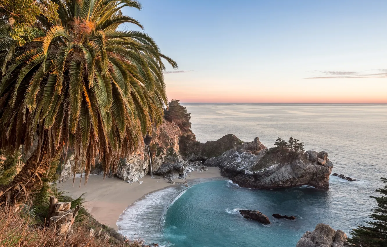 Фото обои скала, океан, скалы, побережье, бухта, Калифорния, McWay Falls