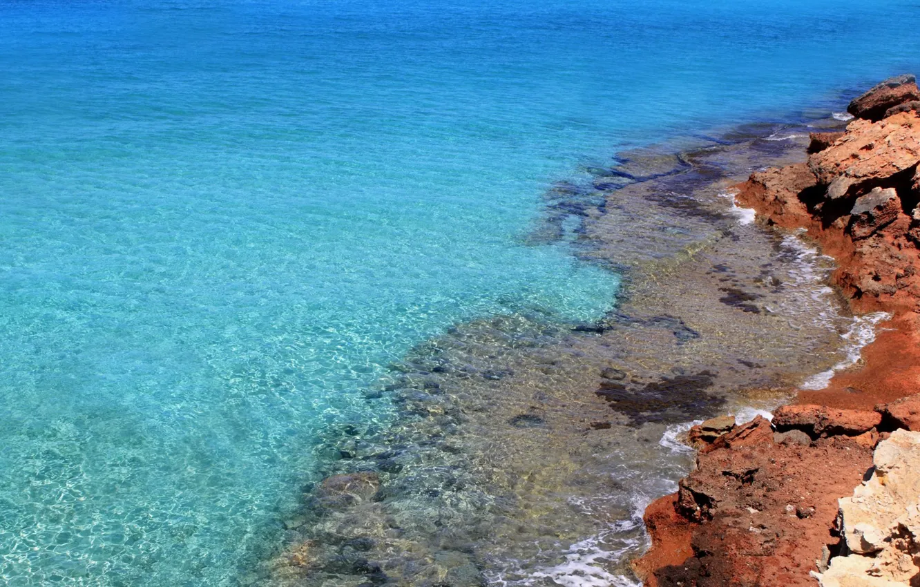Фото обои море, пляж, камни, Spain, береговая линия, остров Форментера, Coastline at Cala Saona on Formentera Island, …