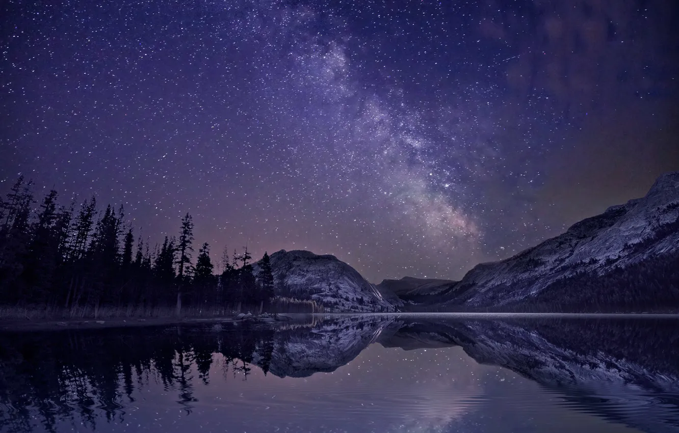 Фото обои лес, звезды, горы, ночь, озеро, отражение, млечный путь