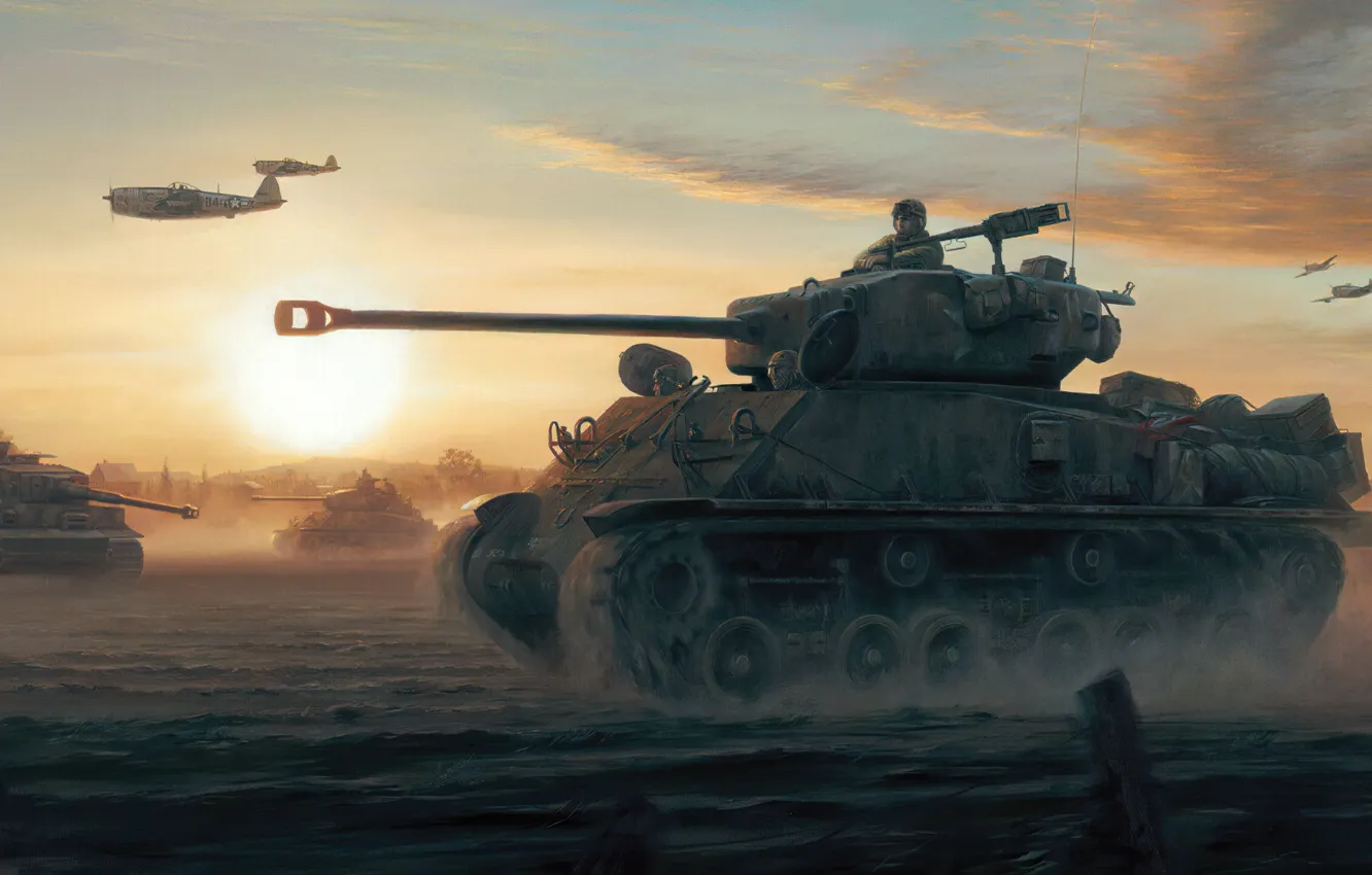 Фото обои war, tiger, art, airplane, tank, ww2, sherman, p-47