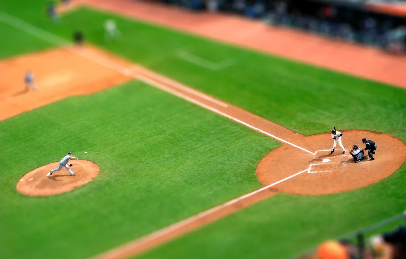 Фото обои газон, игра, бейсбол, tilt shift, игроки, подача