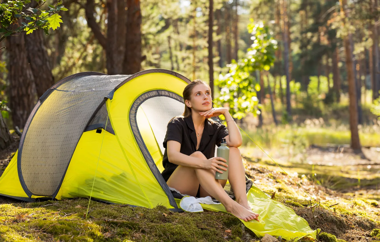 Фото обои forest, long hair, trees, model, brunette, gorgeous, posing, tent