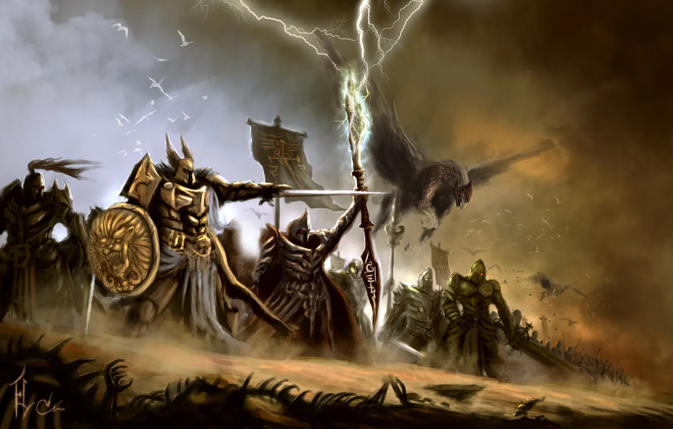 Фото обои молнии, крылья, меч, армия, арт, посох, щит, легион
