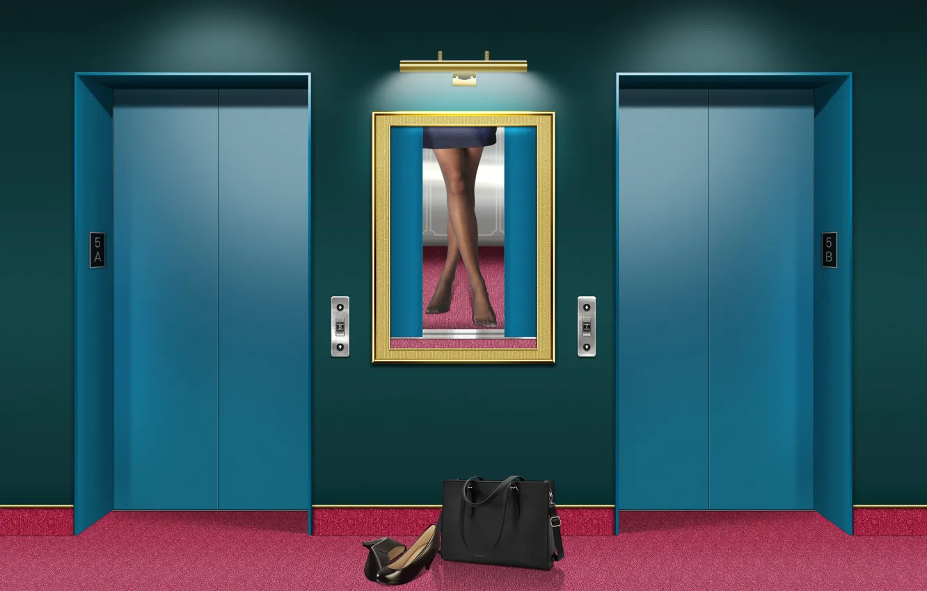 Фото обои bag, pantyhose, carpet, elevator, lift, pumps heels