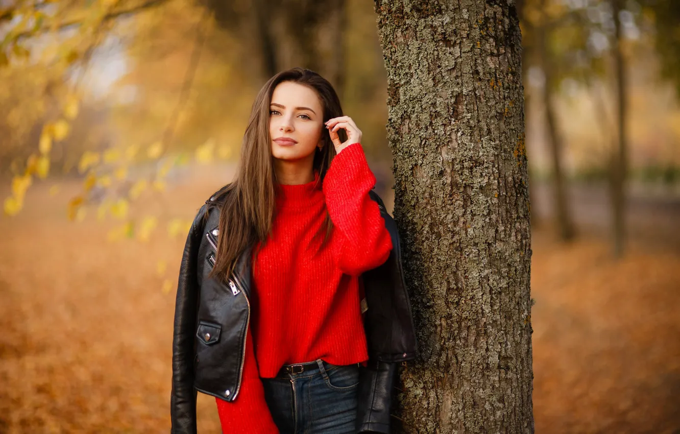 Фото обои Girl, Autumn, Yellow, Eyes, Forest, Sight