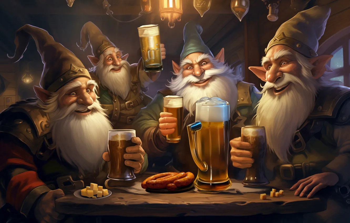 Фото обои пиво, эльфы, гномы, старики, нейросеть