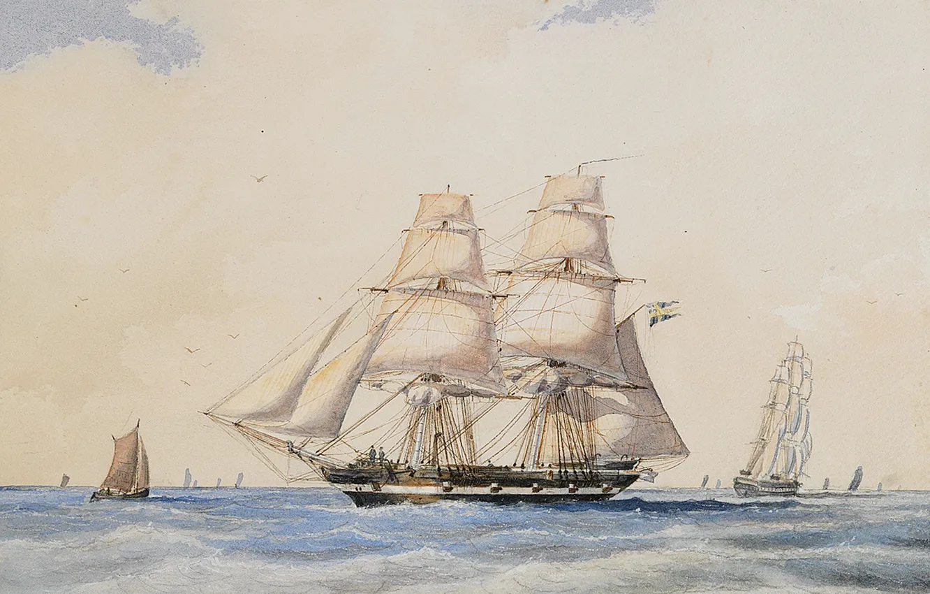 Фото обои корабли, паруса, 1865, Jacob Hägg, Briggen Nordenskjöld