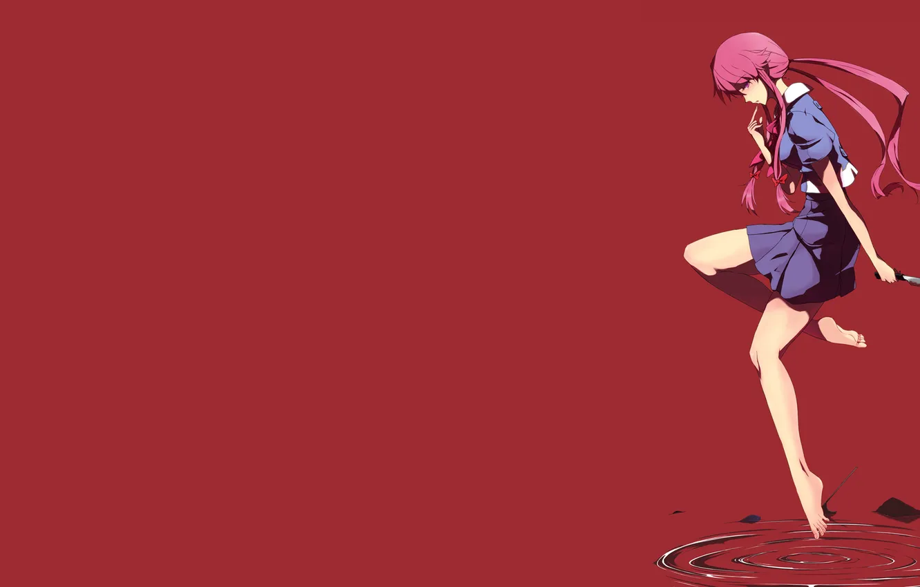 Фото обои blood, pink hair, long hair, dress, legs, barefoot, knife, Mirai Nikki