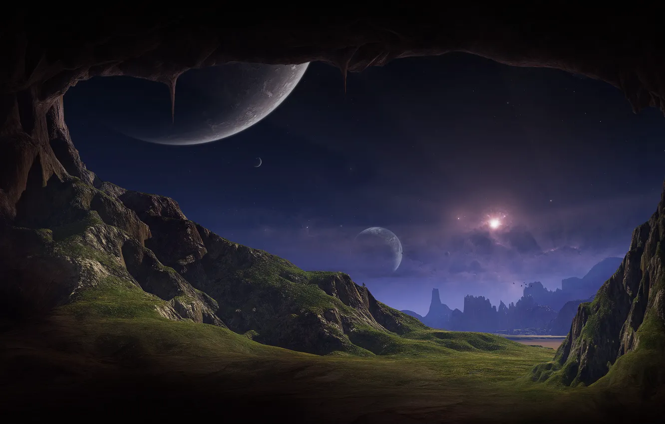 Фото обои трава, звезды, скалы, планеты, пещера