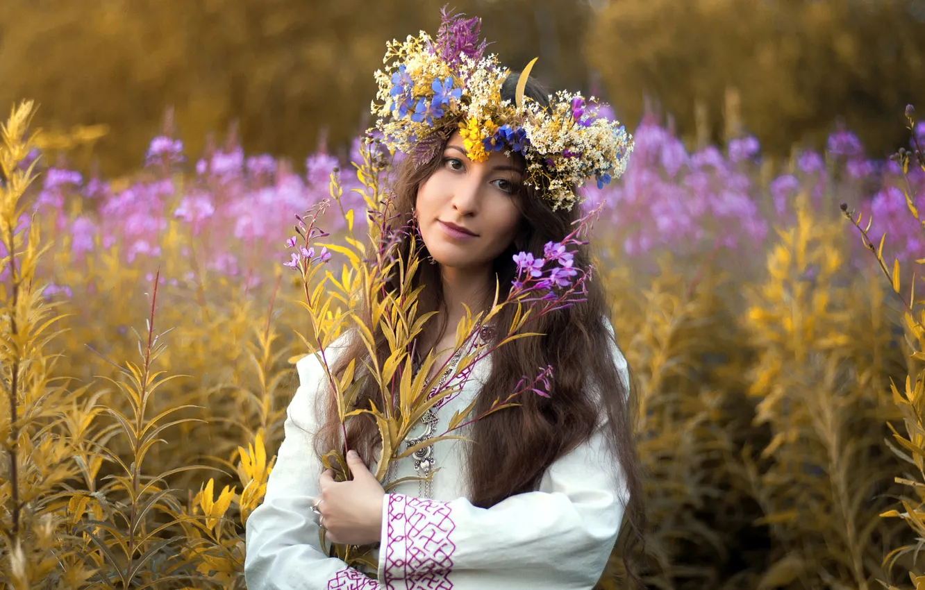 Фото обои поле, лето, взгляд, девушка, цветы, природа, лицо, поза