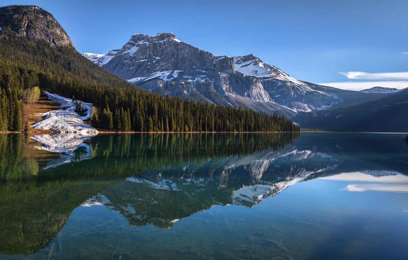 Фото обои лес, горы, озеро, отражение, синева, скалы, берег, склоны