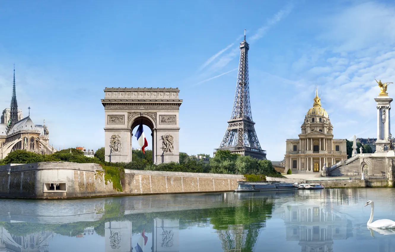 Фото обои Париж, Paris, France, памятники, Notre Dame de Paris, Eiffel Tower, Montmartre, река Сена