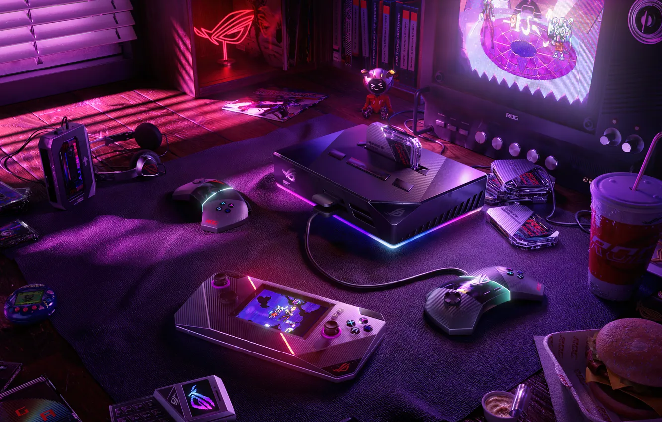Фото обои Retro style, Technology, ASUS ROG, Aesthetic interior, Gaming console, Gaming room, Ambient lighting