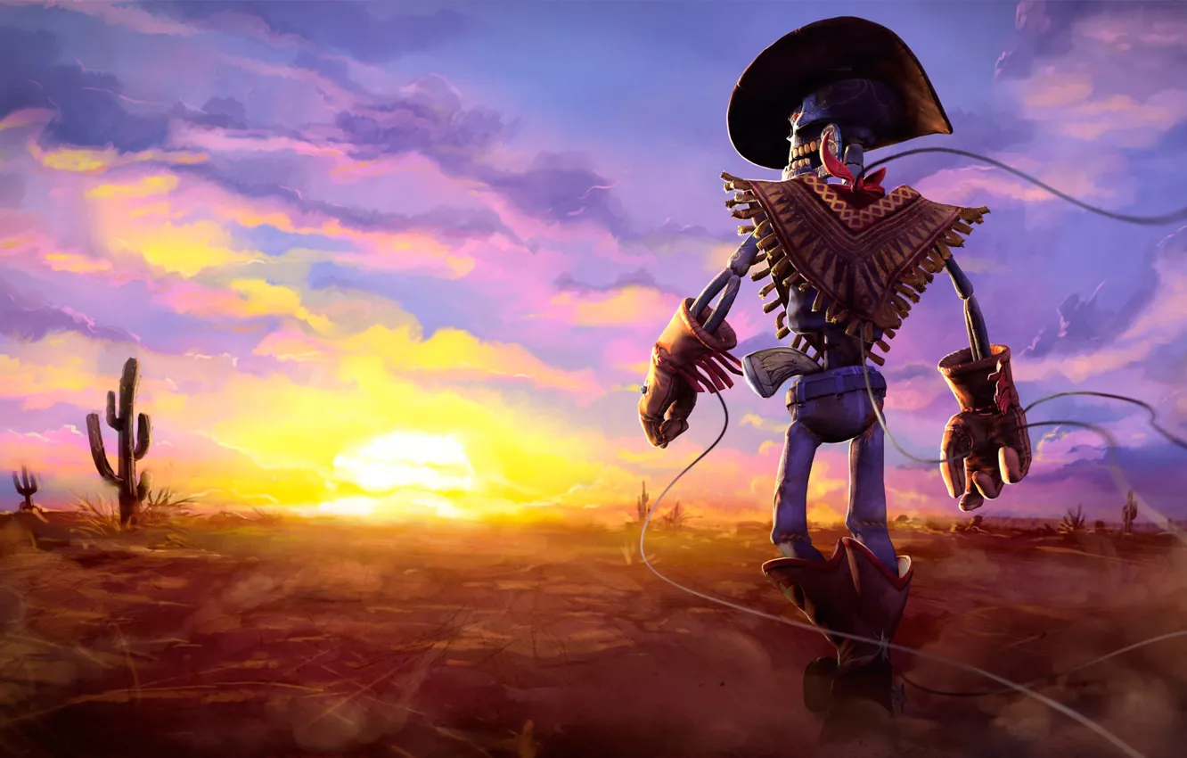 Фото обои desert, sunset, background, cowboy, cactus, skeleton, gunstringer