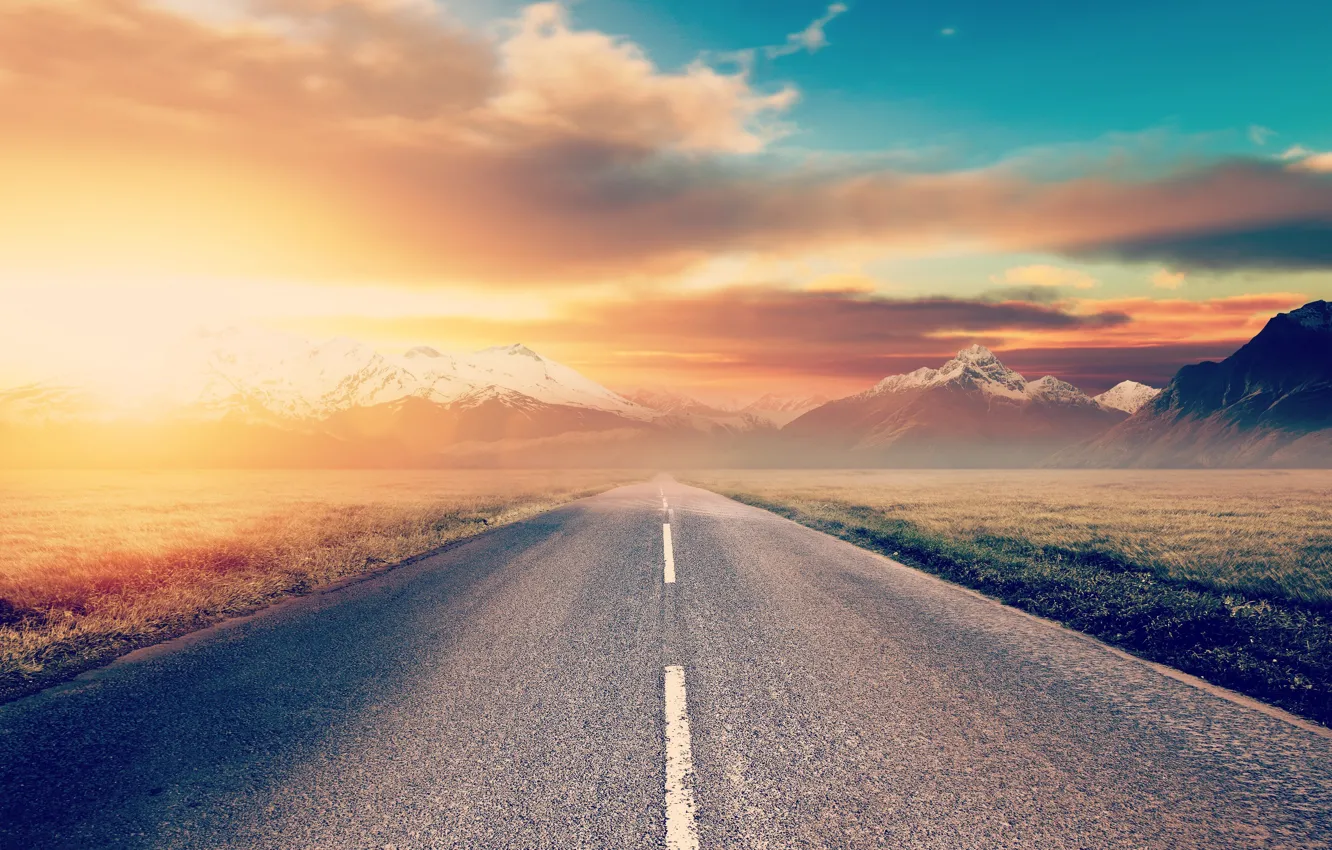 Фото обои дорога, небо, солнце, горы