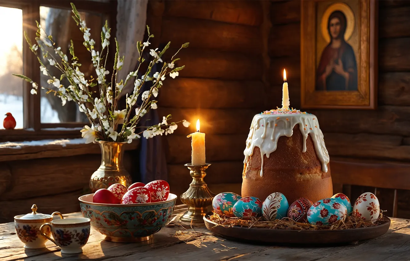 Фото обои ПАСХА, СВЕЧА, ЯЙЦА, ВАЗА, ИКОНА, ИЗБА, ВЕРБА, КУЛИЧ