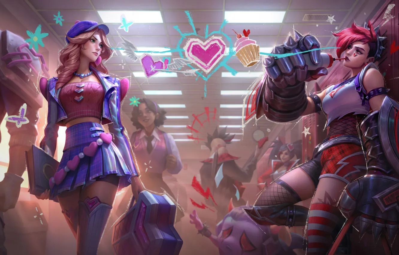 Фото обои школа, День святого Валентина, lol, league of Legends, Лига легенд, Кейтлин, game art, Heartache