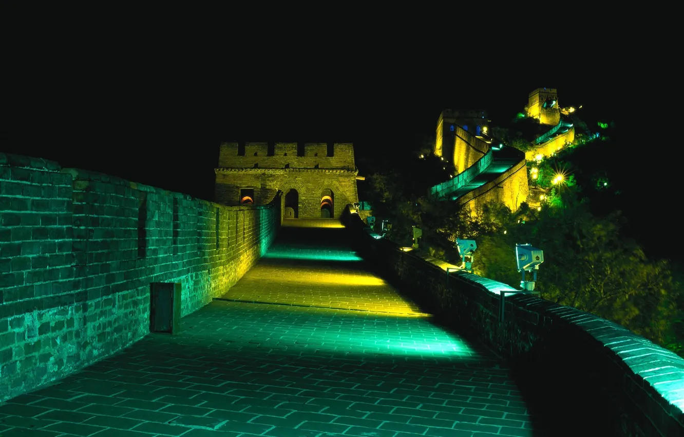 Фото обои Ночь, Подсветка, Великая Китайская Стена
