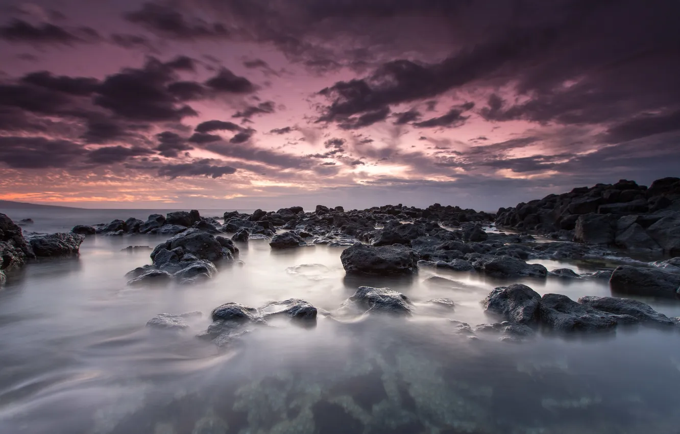 Фото обои пейзаж, камни, океан, рассвет, Гаваи