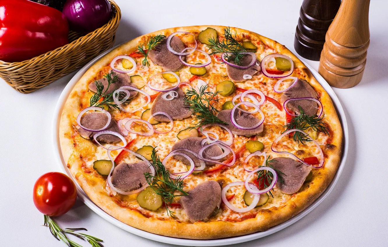 Фото обои огурец, лук, мясо, овощи, пицца, помидор