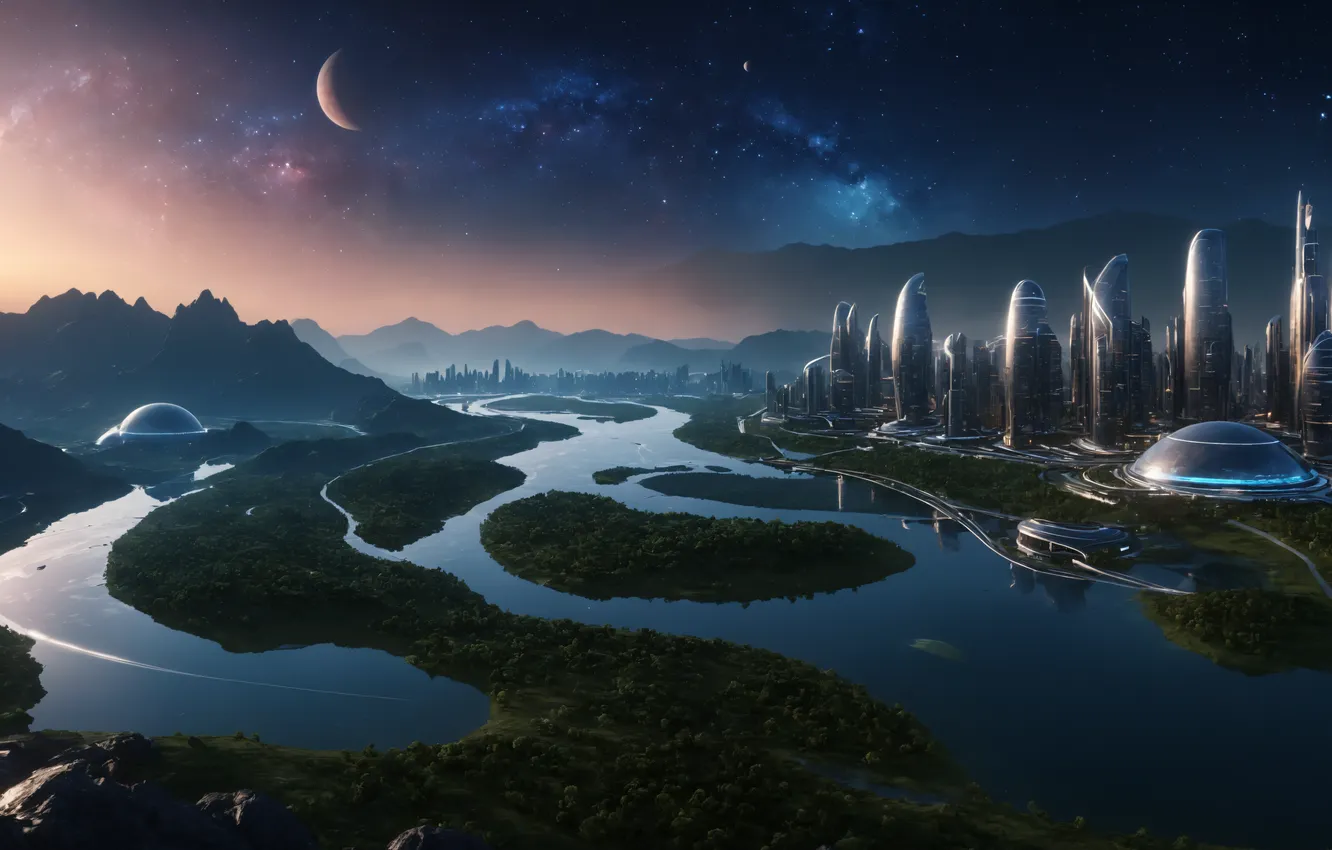 Фото обои city, space, river, lake, stars, planet, galaxy, reflection