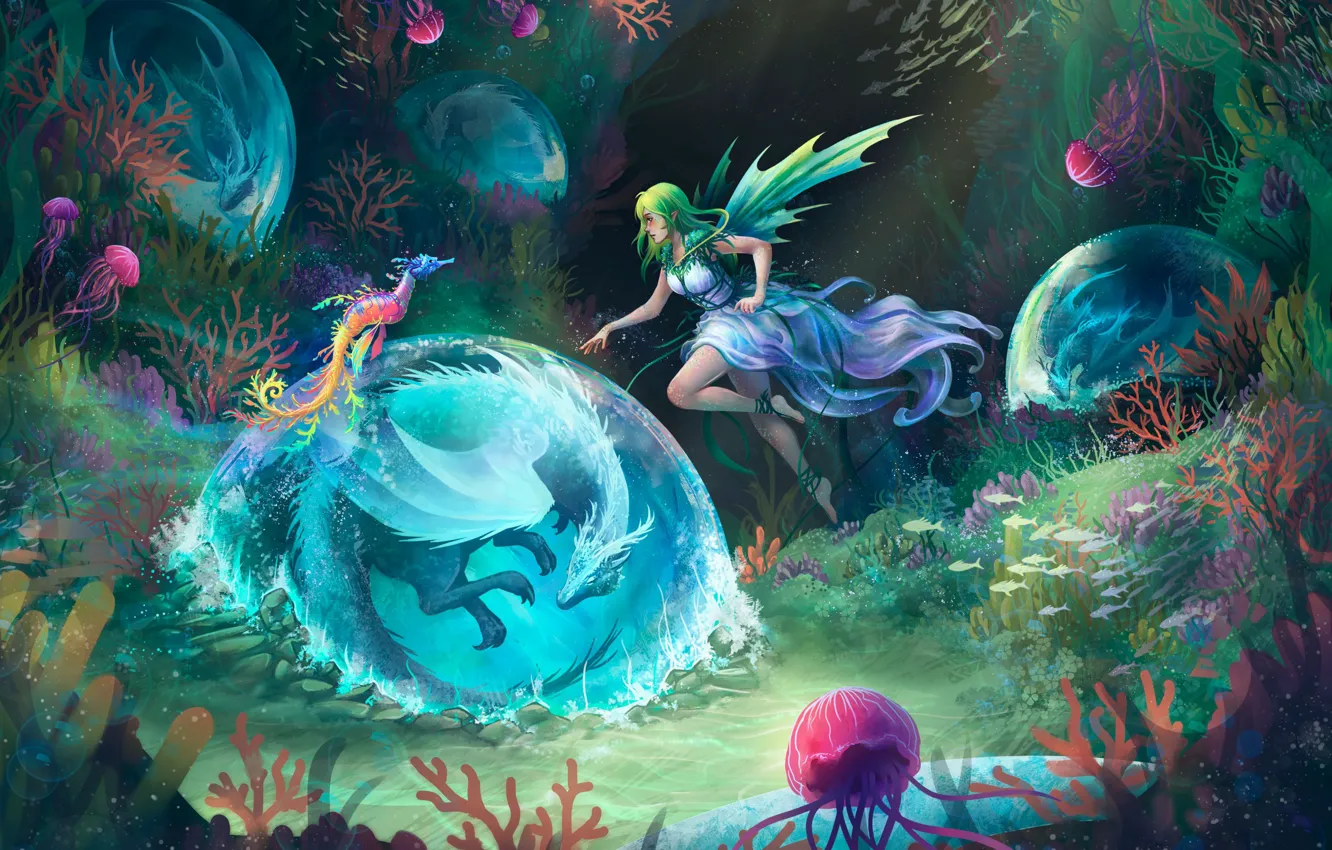 Фото обои яркие краски, водоросли, фея, медузы, подводный мир, fairy, jellyfish, bright colors