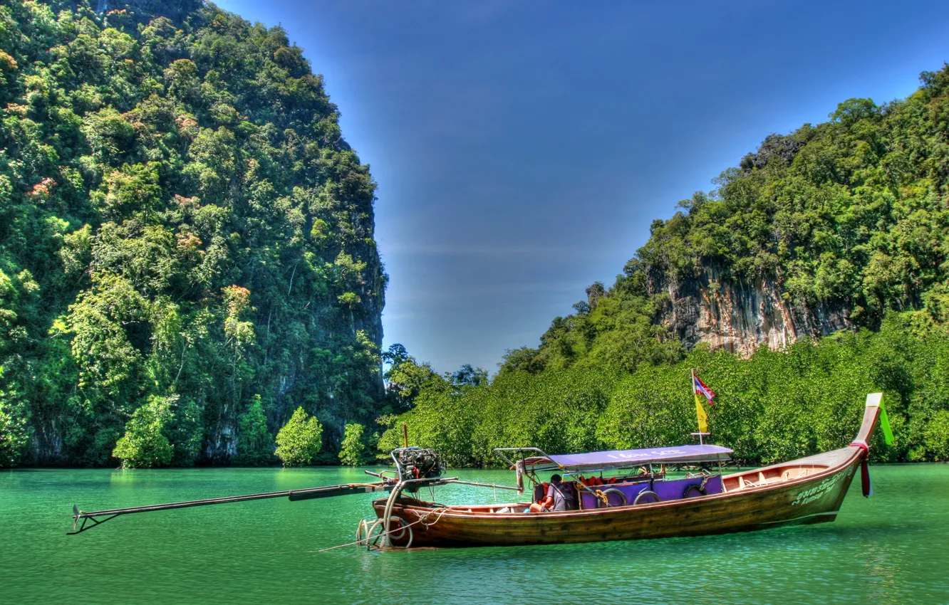 Фото обои деревья, горы, Таиланд, Thailand, nature, лодка.