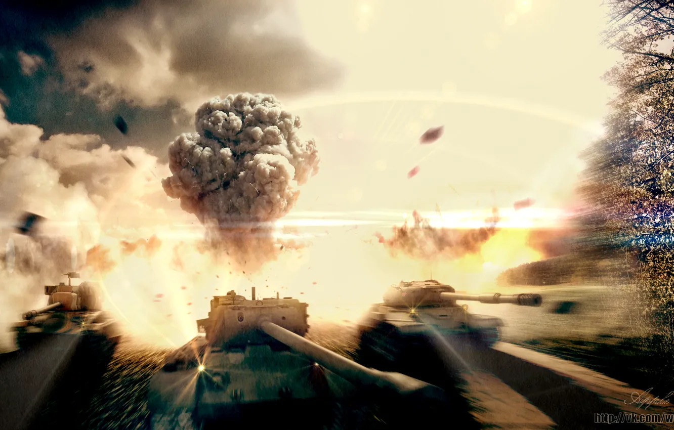 Фото обои взрыв, тучи, огонь, дым, арт, танк, США, СССР