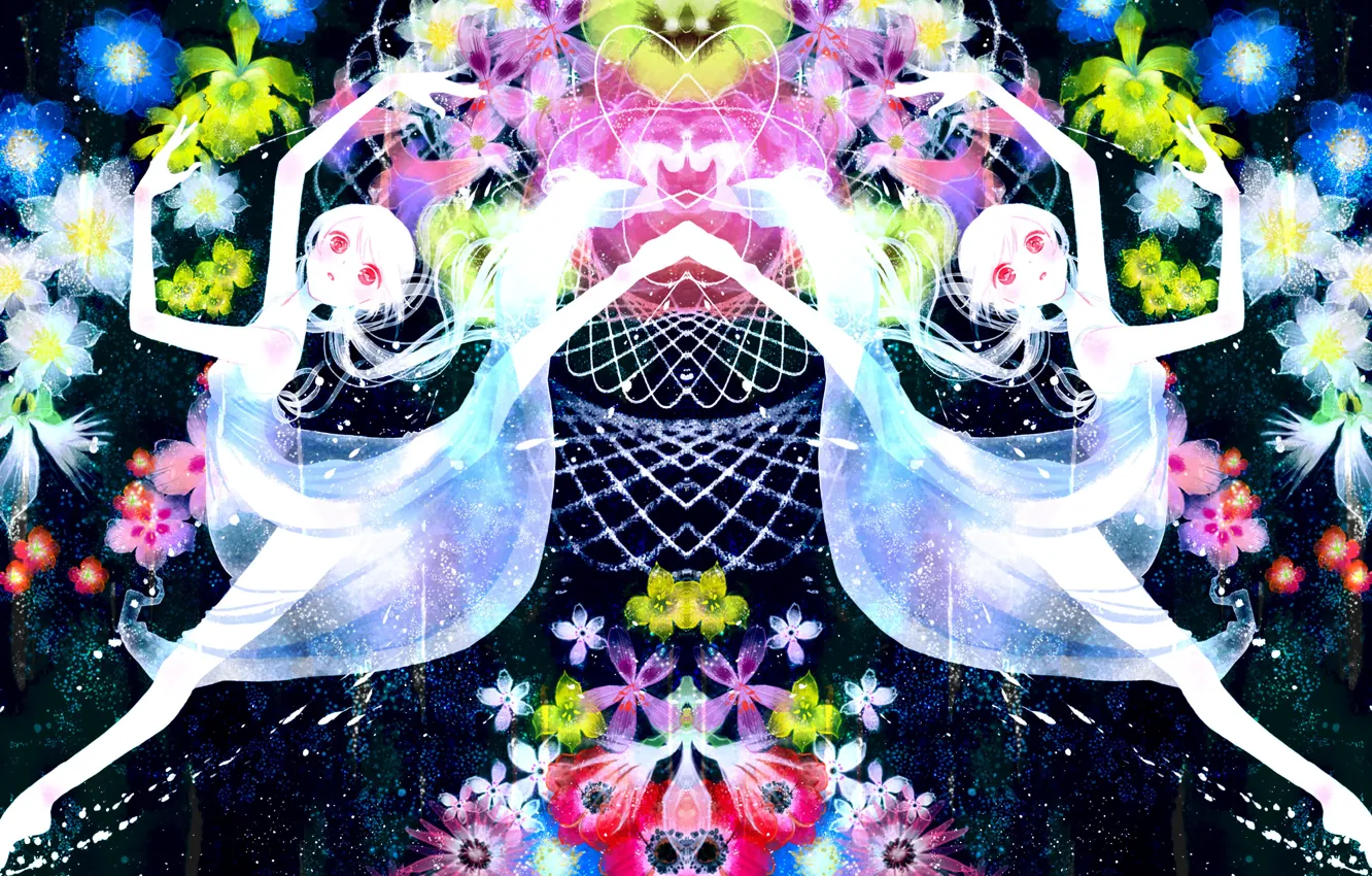 Фото обои девушка, цветы, абстракция, аниме, арт, vocaloid, hatsune miku, альбинос
