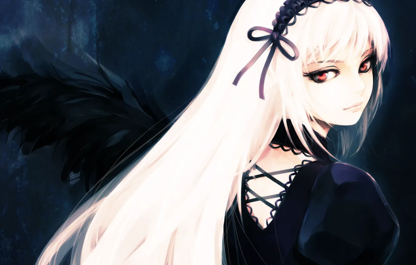 Фото обои взгляд, девушка, готика, крылья, демон, rozen maiden, suigintou, белые волосы