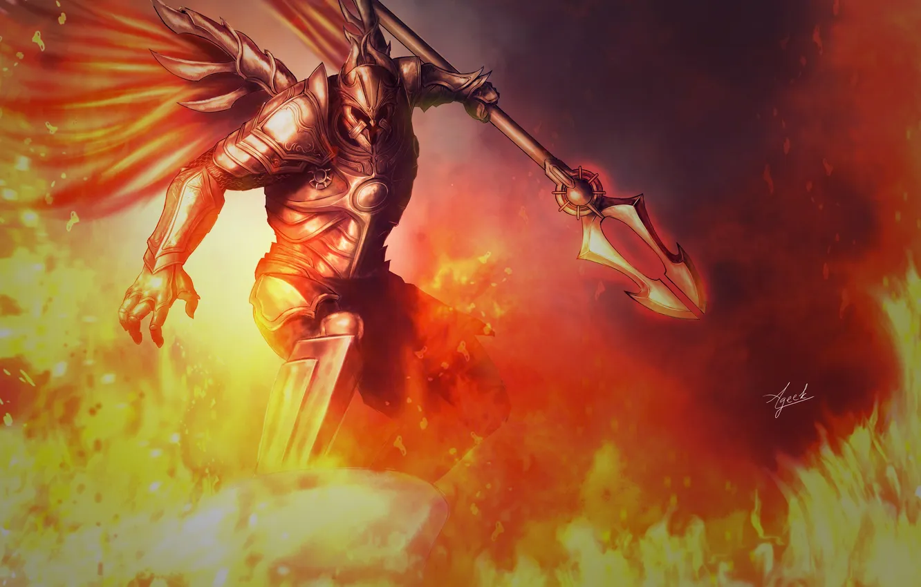 Фото обои оружие, огонь, крылья, арт, Diablo, доспех, Imperius