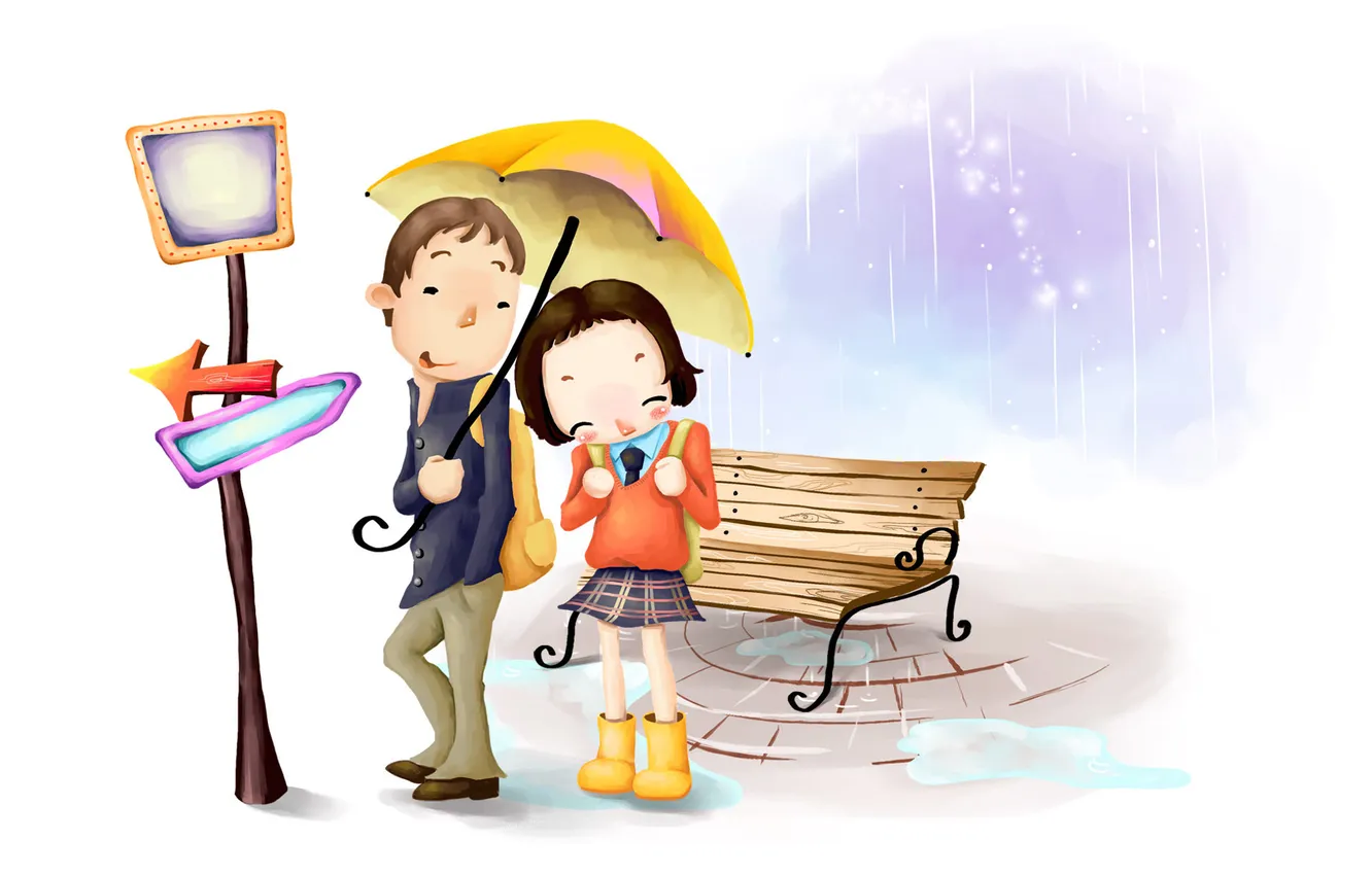 Фото обои дождик, девушка, скамейка, улыбка, рисунок, зонт, указатель, парень