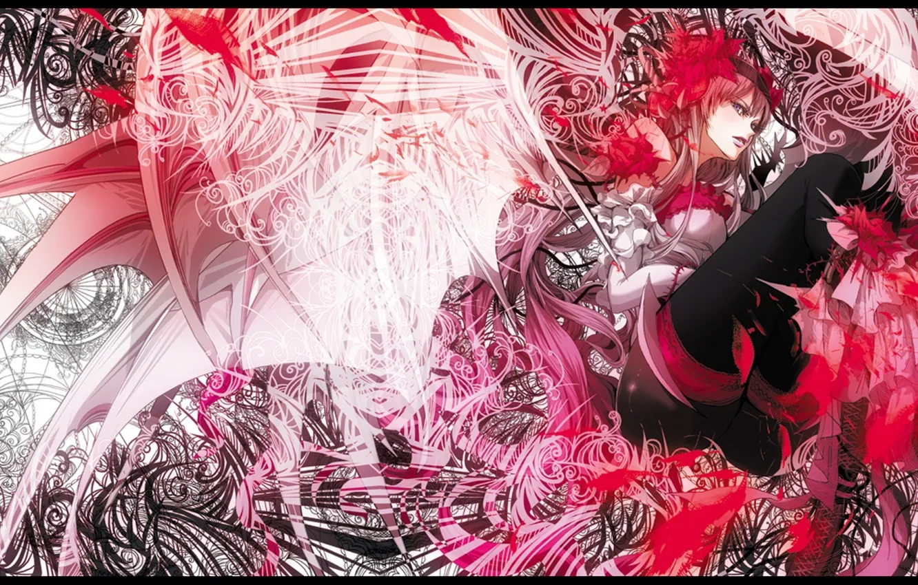 Фото обои девушка, линии, круги, магия, узор, кровь, крылья, розовые волосы