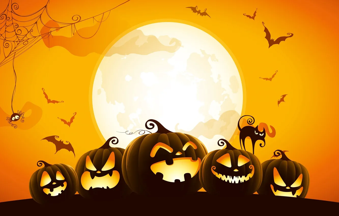 Фото обои луна, Halloween, тыква, летучая мышь, Хэллоуин
