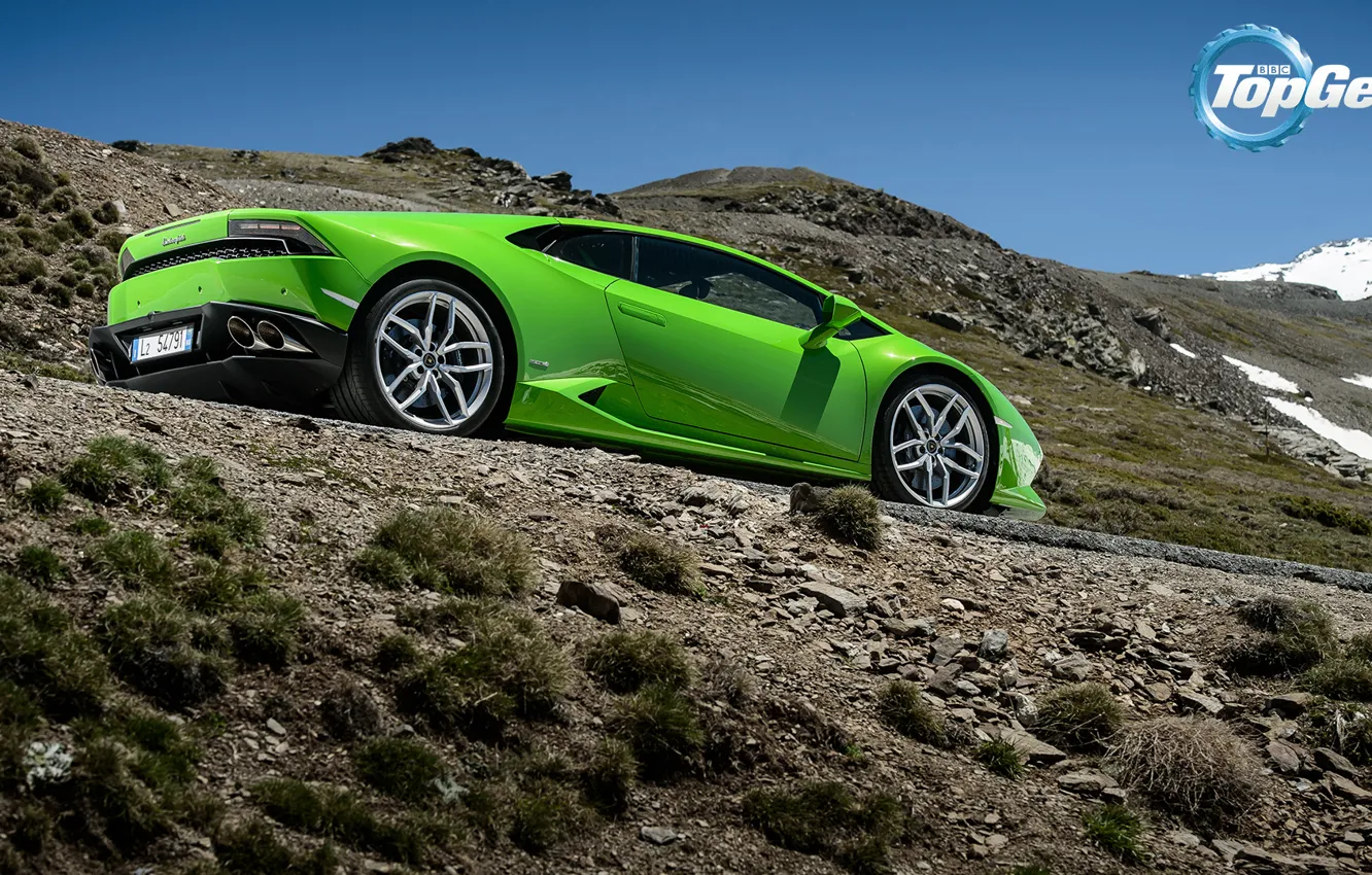 Фото обои Lamborghini, Top Gear, Green, Supercar, Rear, Huracan, LP610-4, Mountain Road