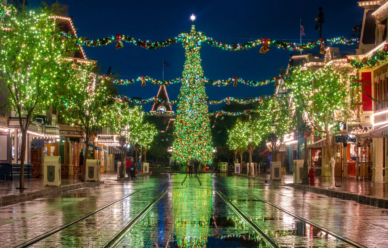 Фото обои деревья, ночь, огни, праздник, улица, дома, Рождество, Калифорния