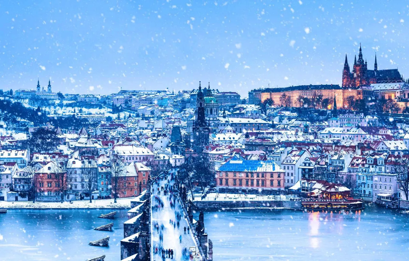 Фото обои зима, река, Прага, Чехия, Рождество, панорама, Карлов мост
