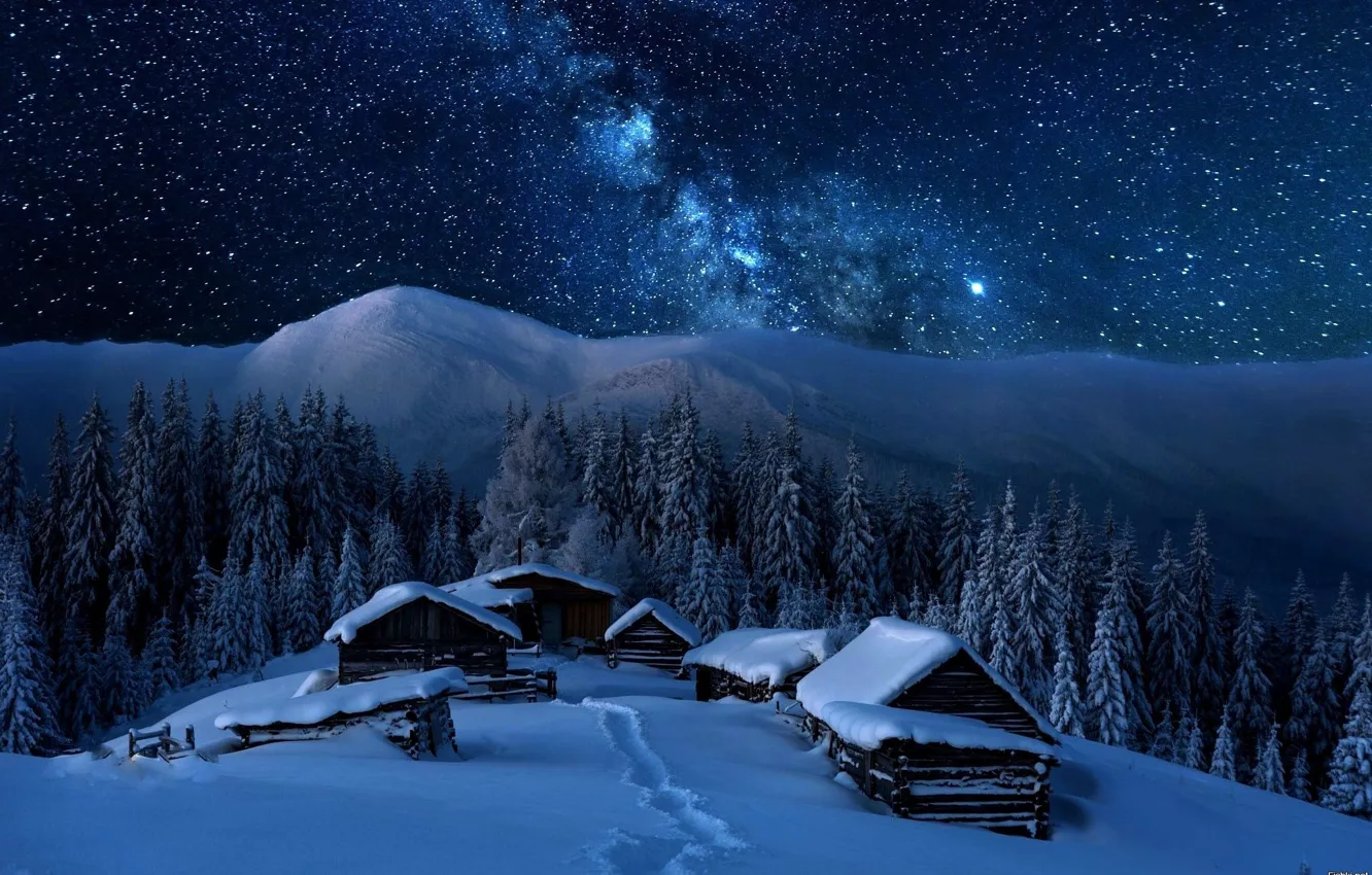 Фото обои Горы, Mountains, Снежный лес, Snowy forest, Winter night sky, Ночное зимнее небо
