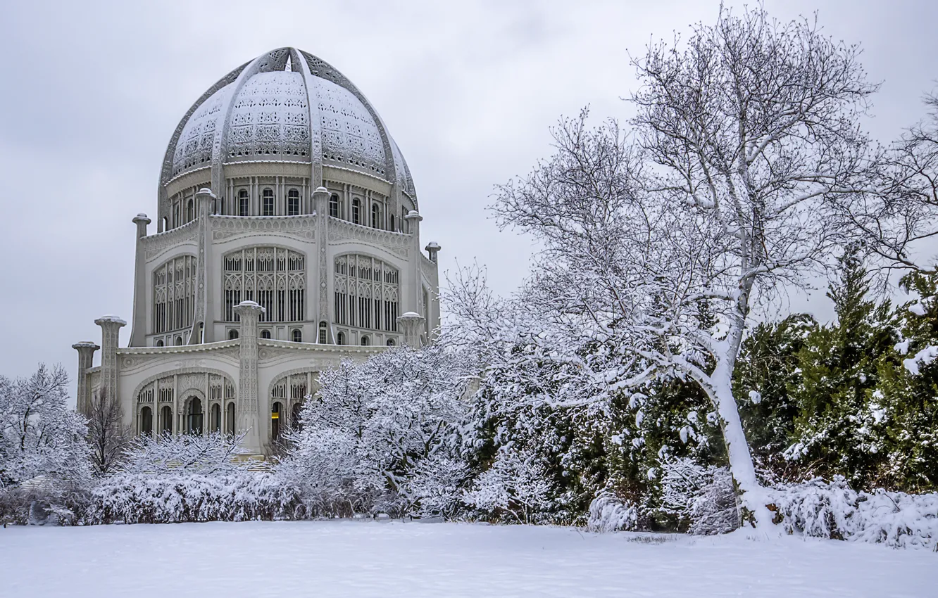 Фото обои зима, снег, здание, купол, заснеженное