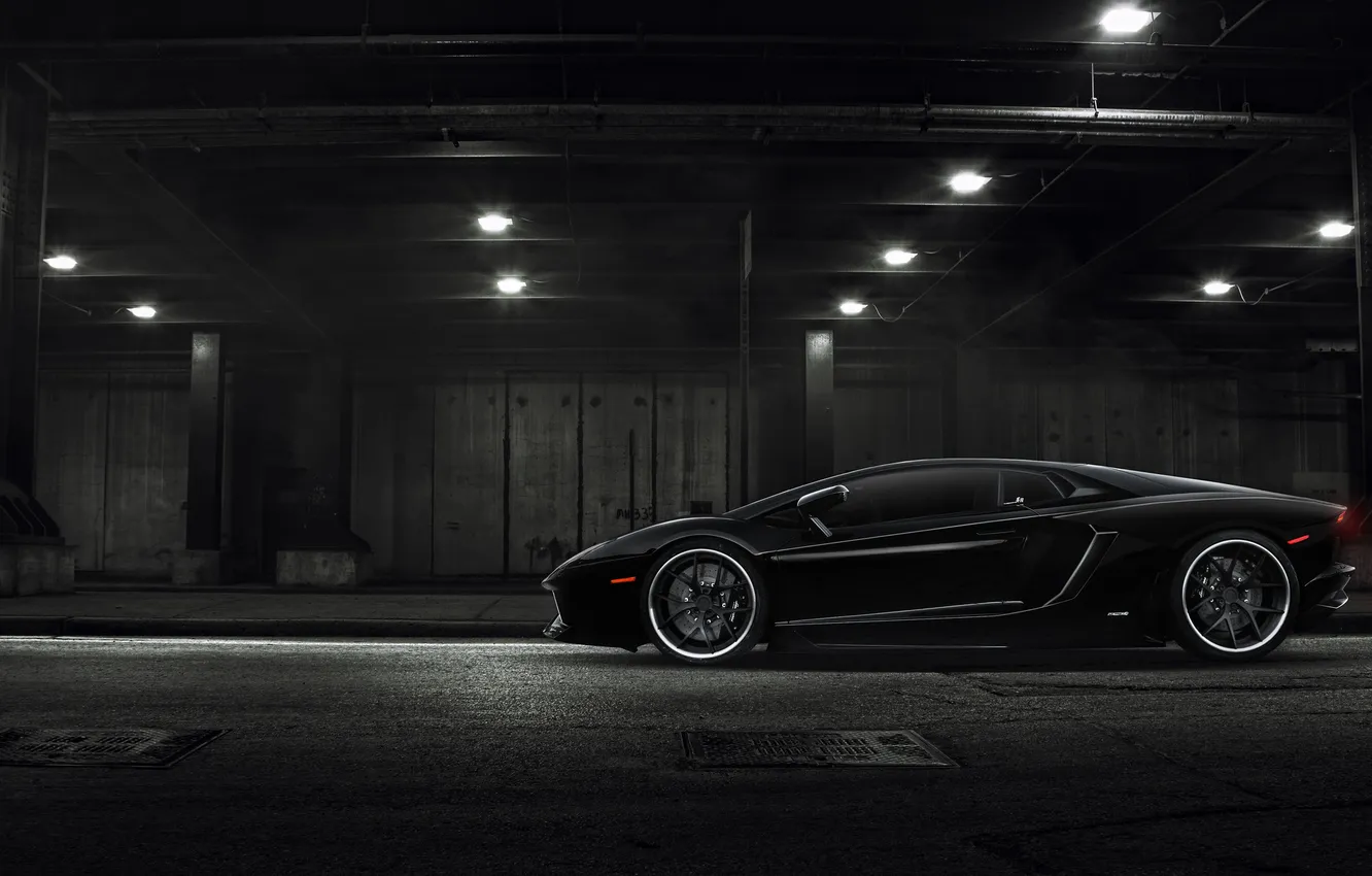 Фото обои лампы, Lamborghini, тоннель, black, LP700-4, Aventador, profile