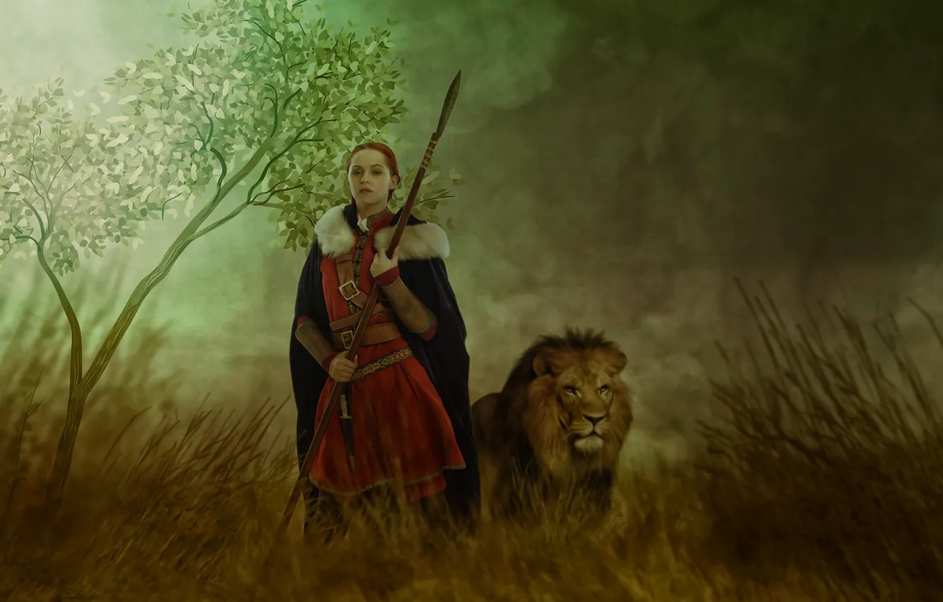 Фото обои девушка, дерево, лев, воительница, копьё