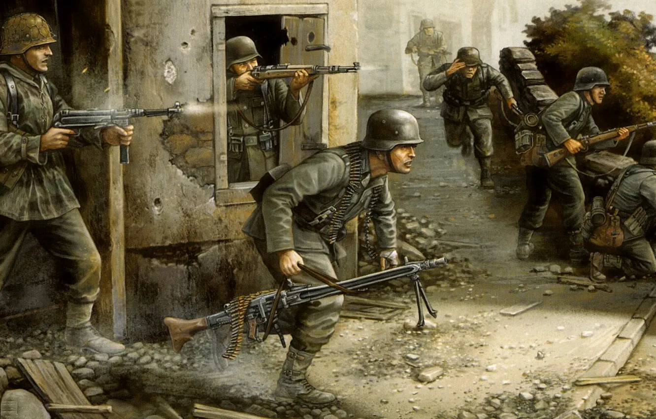 Фото обои война, рисунок, бой, солдаты, немцы, flames of war, бегают