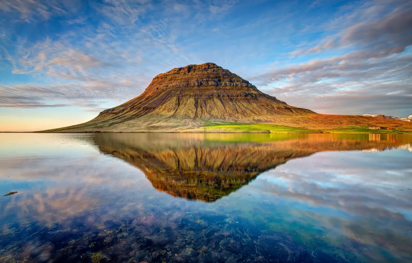 Фото обои облака, закат, природа, озеро, отражение, гора, вулкан, Исландия