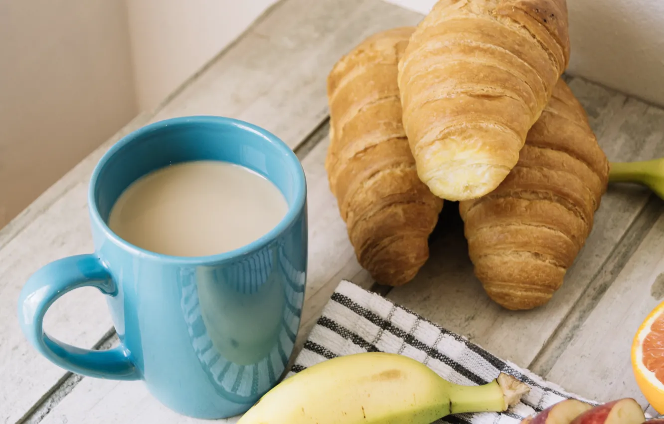Фото обои завтрак, банан, какао, круассан