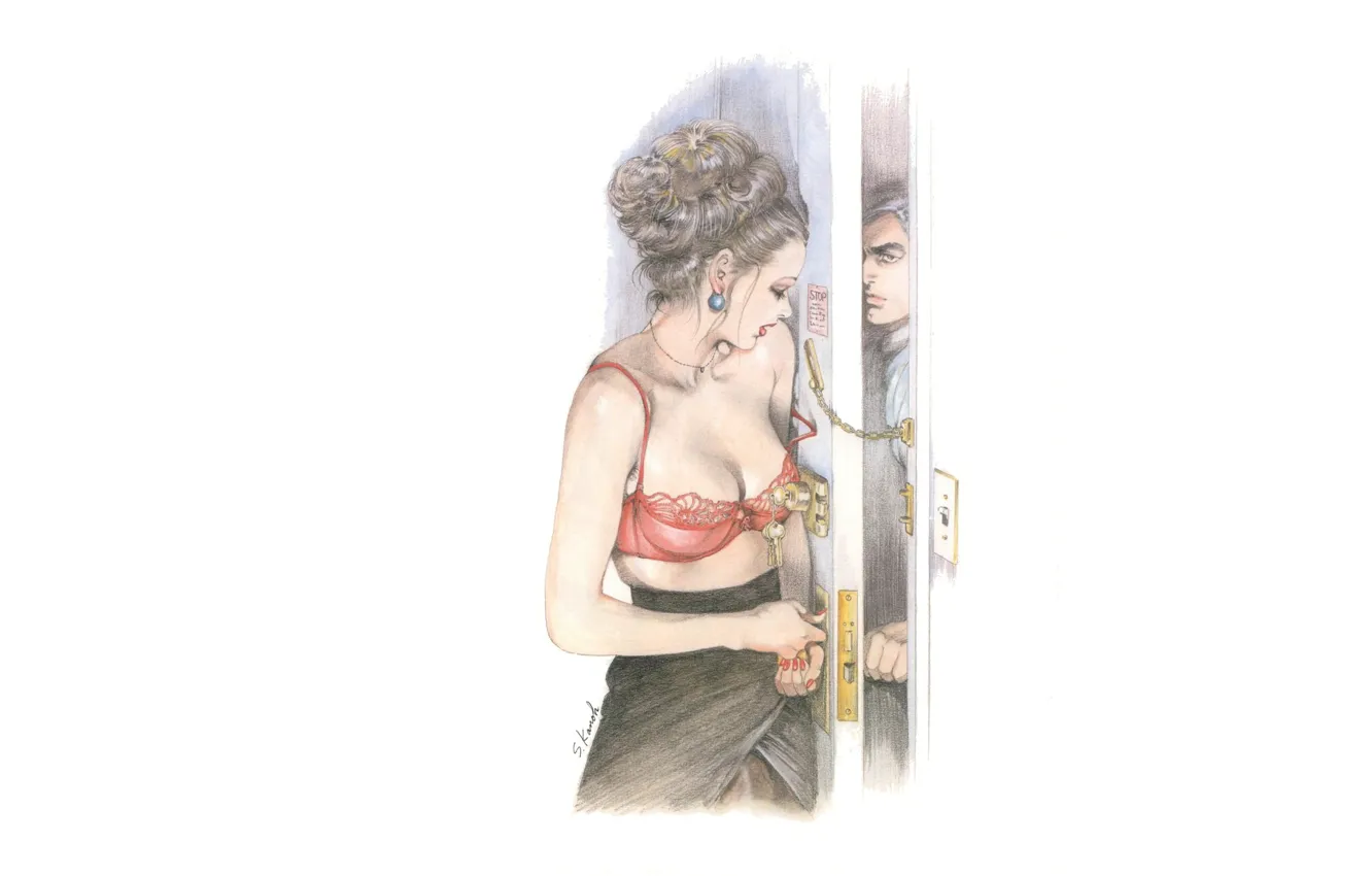 Фото обои девушка, минимализм, дверь, парень, рисунок карандашом