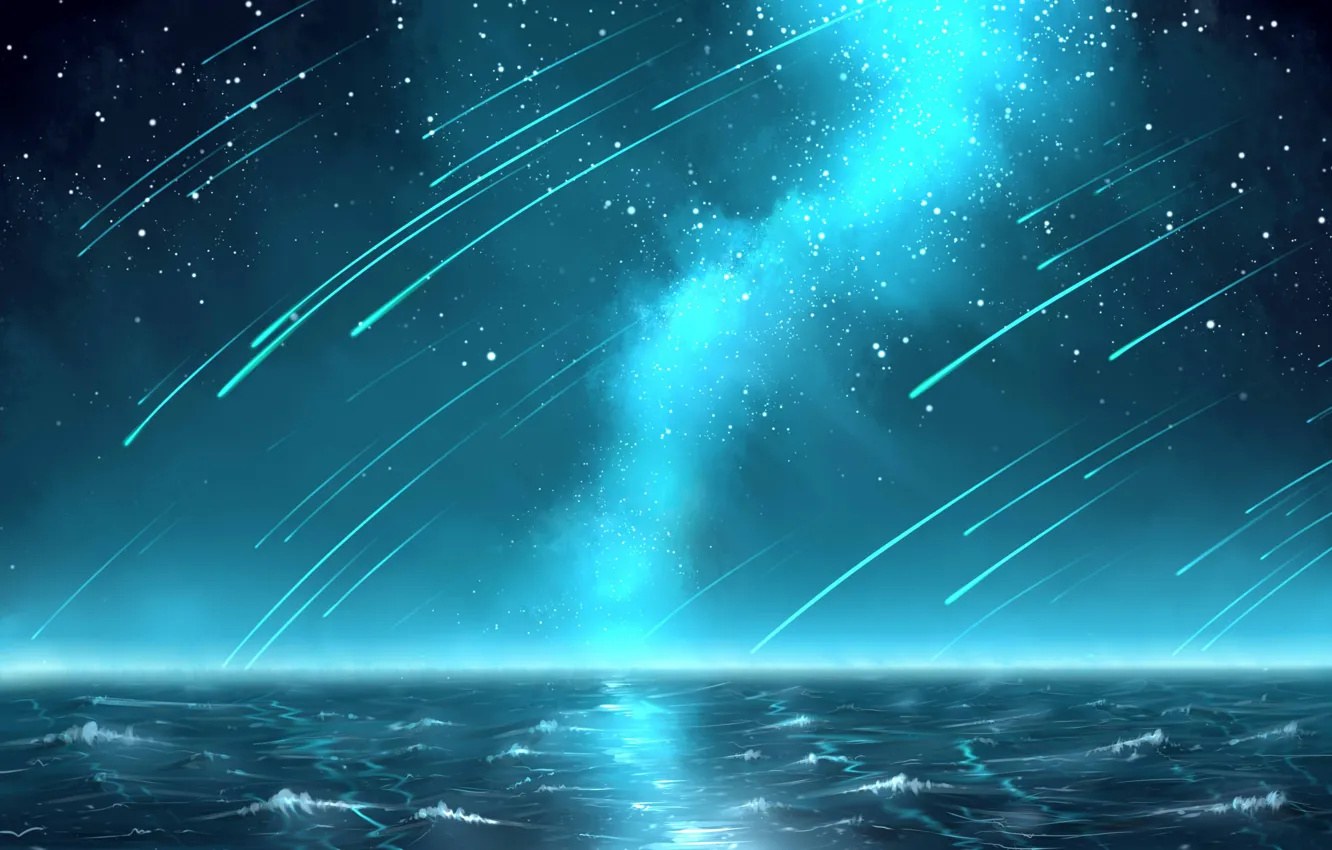 Фото обои море, ночь, звездопад