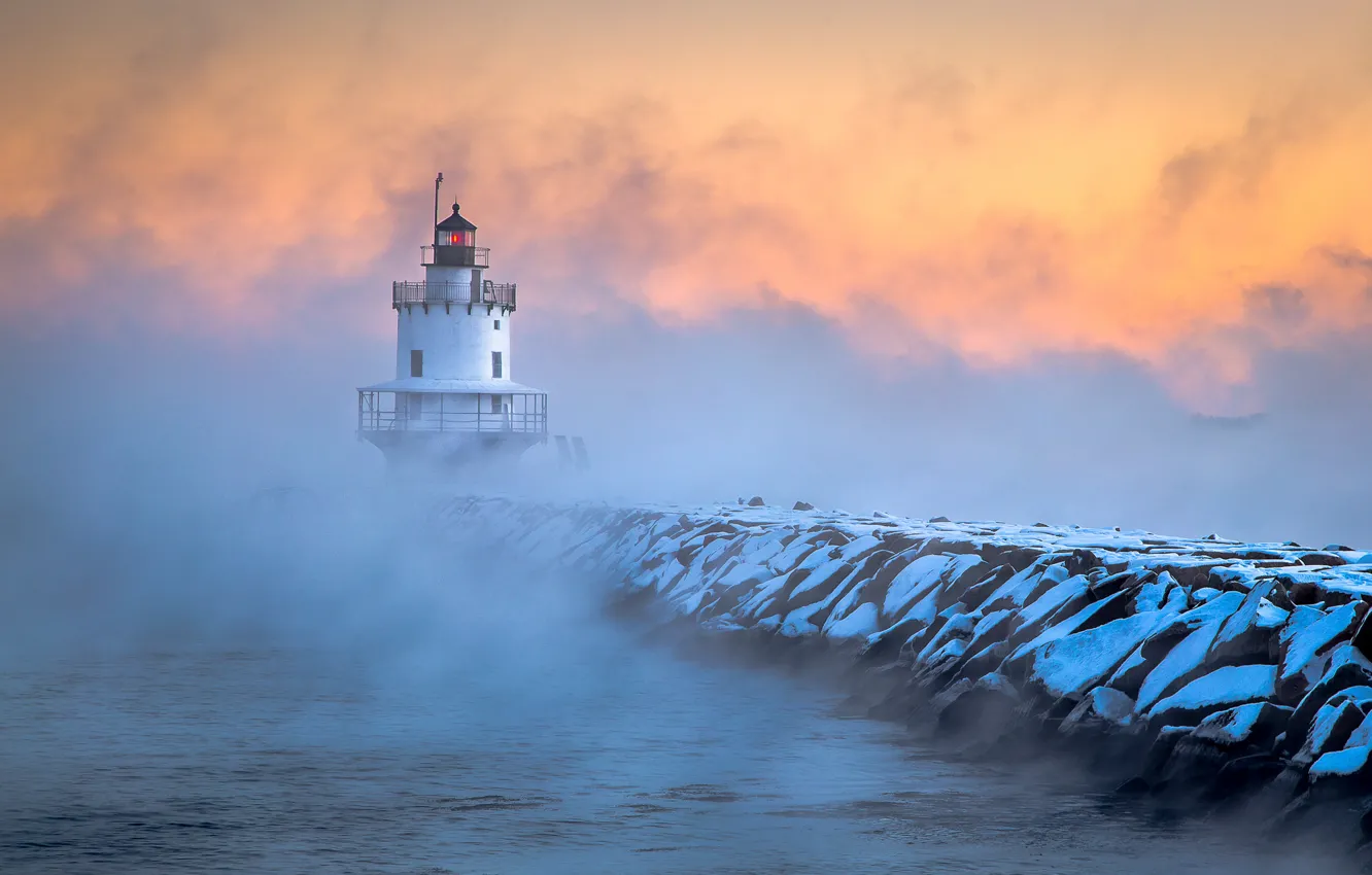 Фото обои рассвет, маяк, утро, мороз, пирс, штат Мэн, Южный Портленд