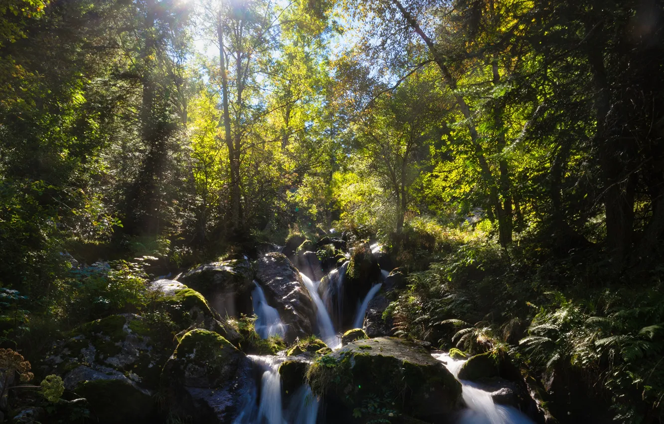 Фото обои Солнце, Камни, Ручей, Андорра, Водопады