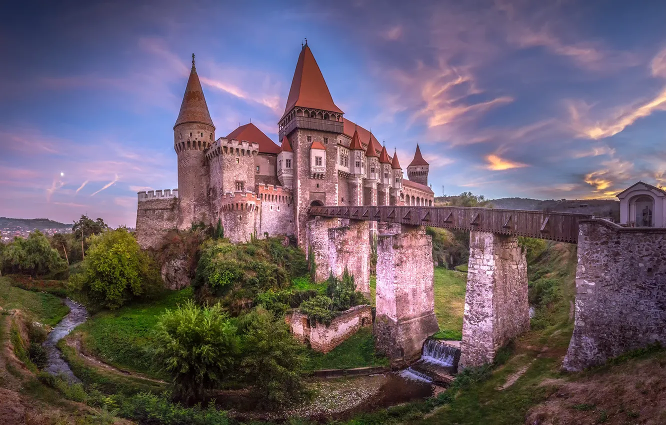 Фото обои мост, река, замок, Romania, Румыния, Трансильвания, Transylvania, Хунедоара