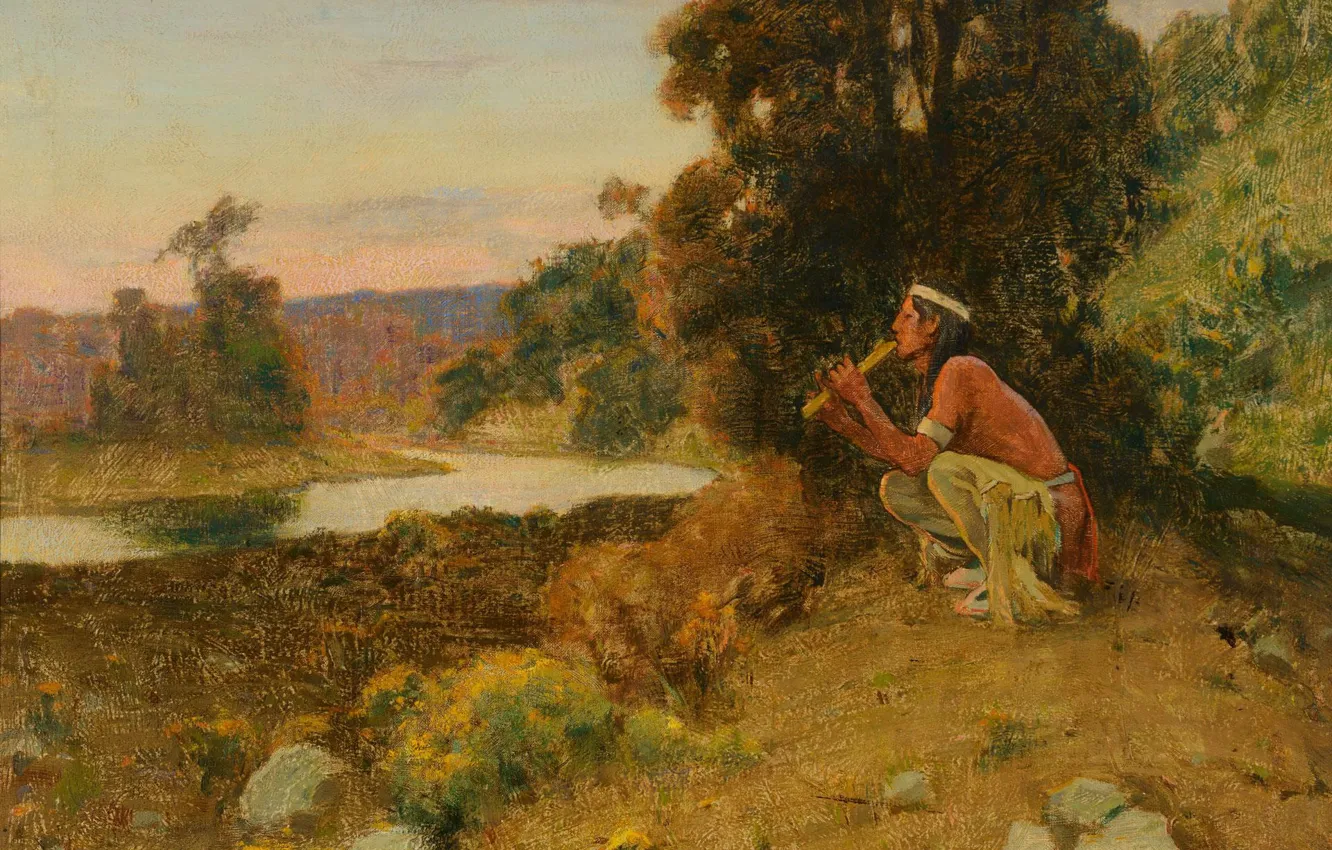 Фото обои дудочка, Eanger Irving Couse, The Piper, индеец на природе